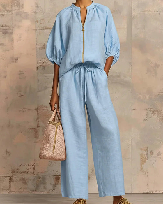 Zipper Crewneck Top Wide Leg Pants Two-Piece Sets