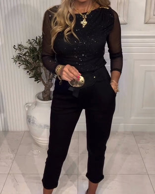 Long-Sleeved Sequined Patchwork Top