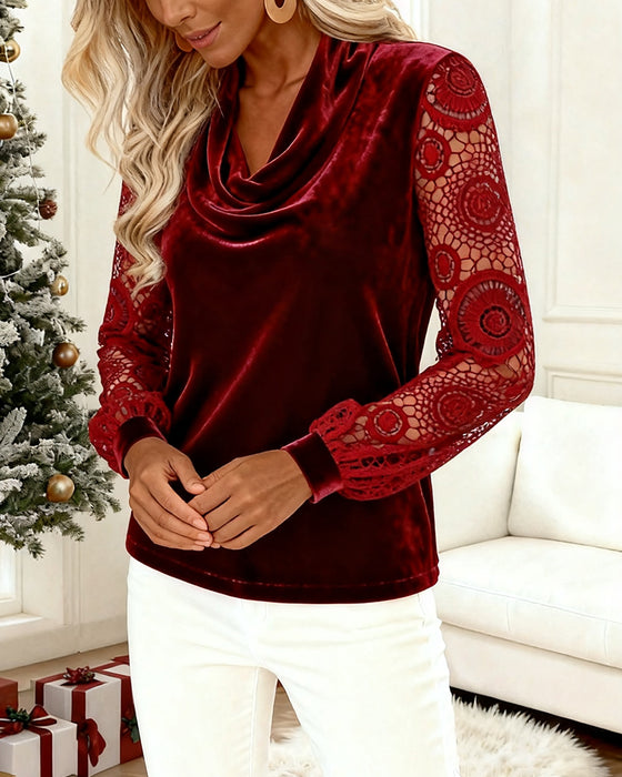 Solid Color Long-Sleeved Velvet Patchwork Top