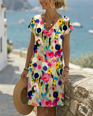 Oil Painting Floral Print Short Sleeve Dress