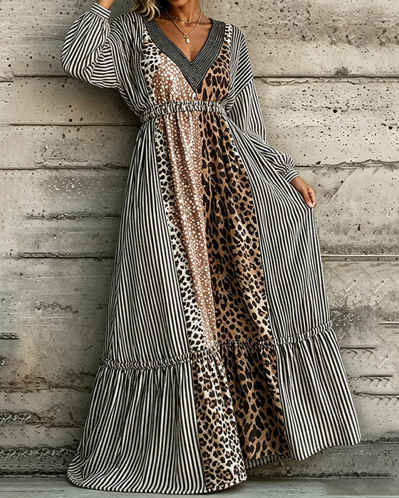 V-Neck Striped Leopard Print Patchwork Dress