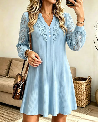 Lace Long Sleeve V-Neck A-Line Dress
