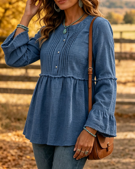 Solid Color Round Neck Blouse