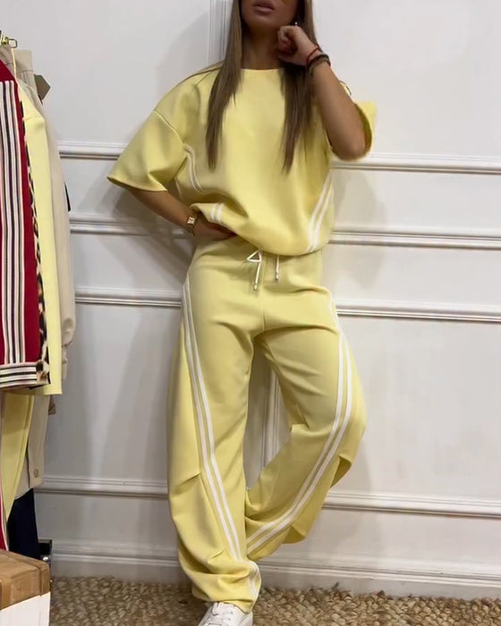 Athletic Stripe Trim Casual Two-Piece Set