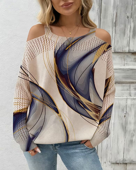 Stylish Print Hollow Out Off-Shoulder Pullover