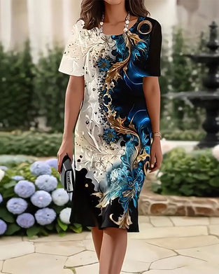 Round Neck Printed Straight Dress