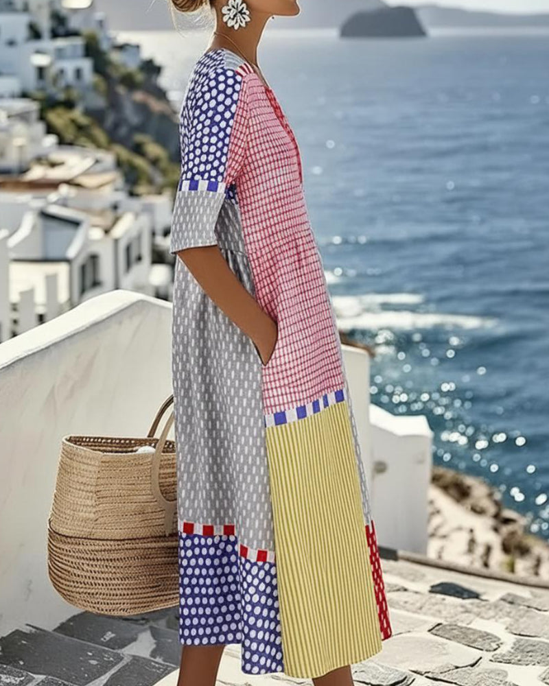 Color Block Geometric Polka Dot Dress