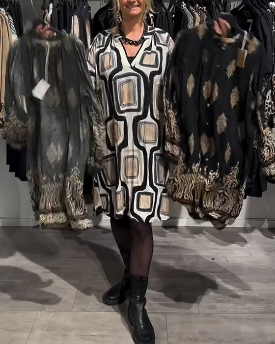 V-Neck Geometric Print Loose Dress