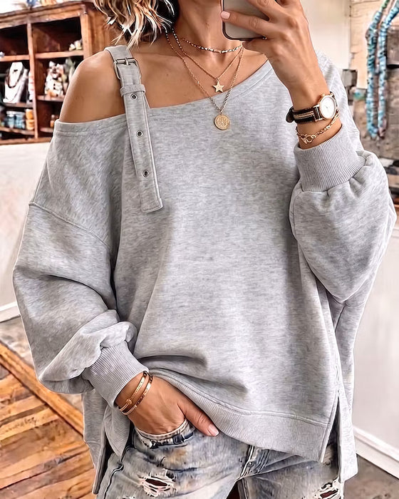 Off-Shoulder Strap Slit Loose-Fit Sweatshirt