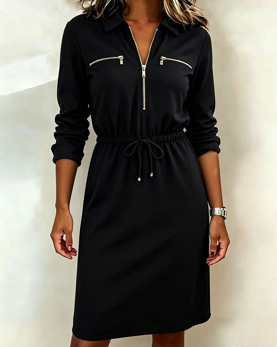 Lapel Half-Zip Drawstring Waist Dress