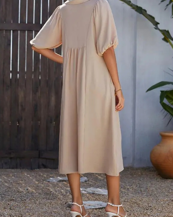 V-Neck Flap Puff Sleeve Maxi Dress
