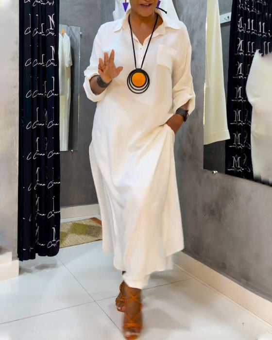 Solid color lapel pocket dress