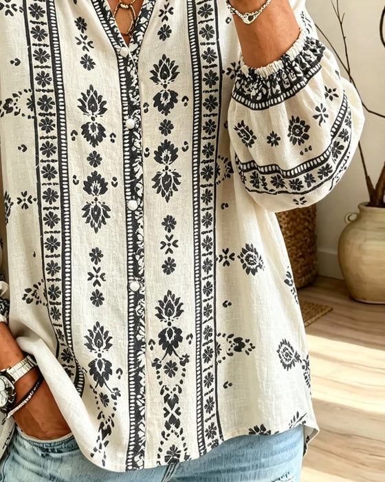 V-Neck Lace-Trim Puff-Sleeve Print Blouse