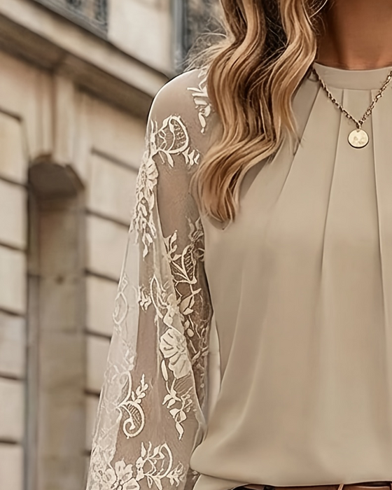 Crew Neck Ruched Lace Patchwork Blouse