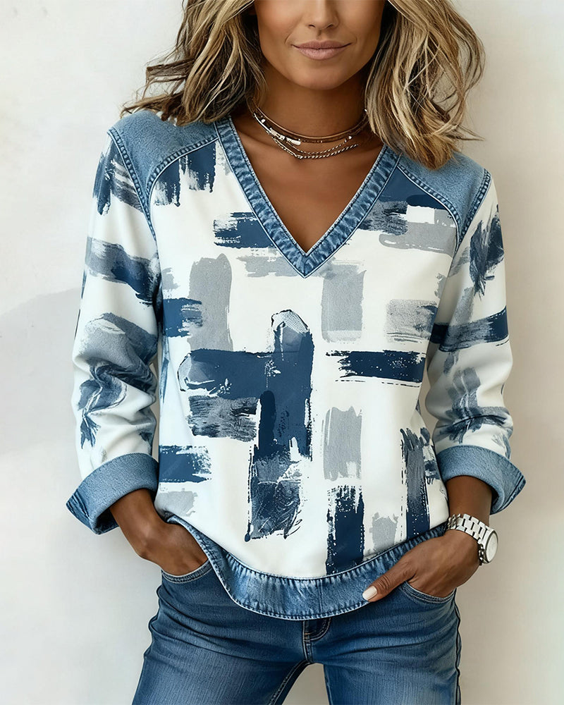 Long-Sleeved Ink Painting Patchwork Sweatshirt
