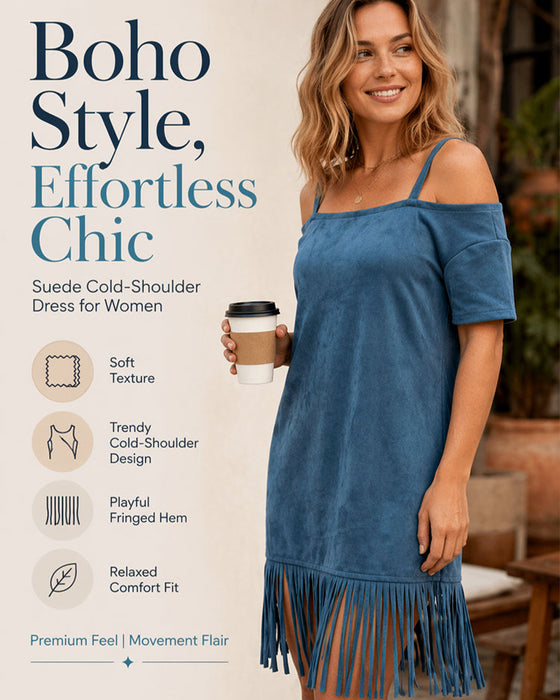 Spaghetti Strap Fringe Solid Off-Shoulder Dress