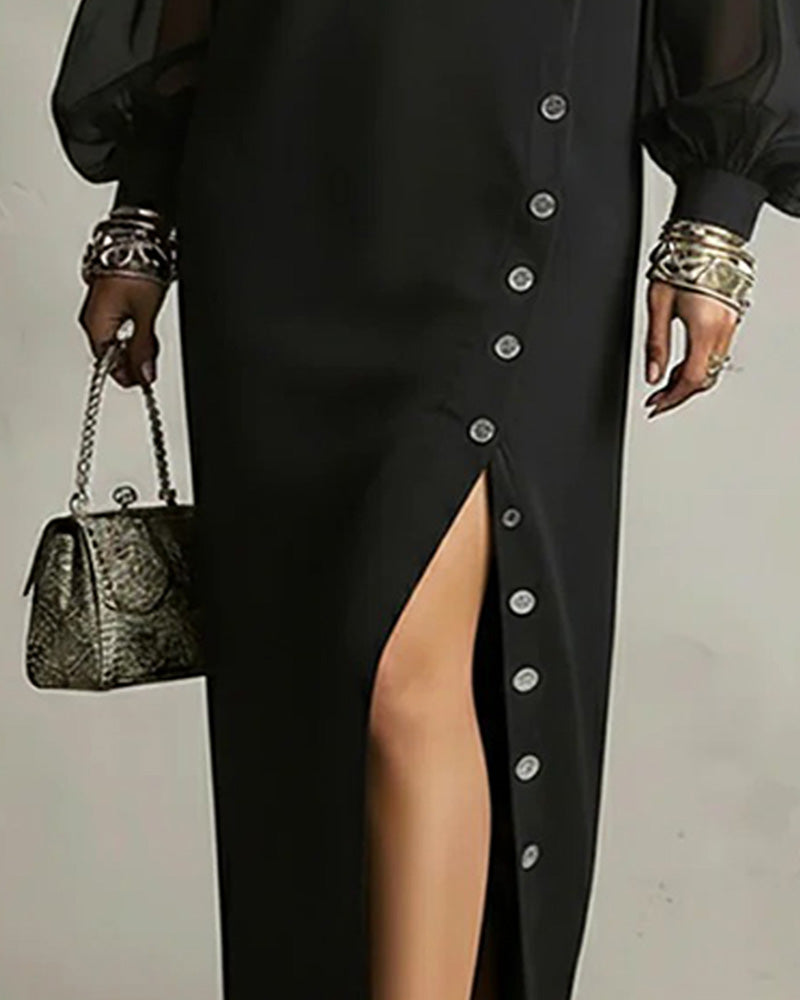 Lantern Sleeve Mesh Fashion Split Dress