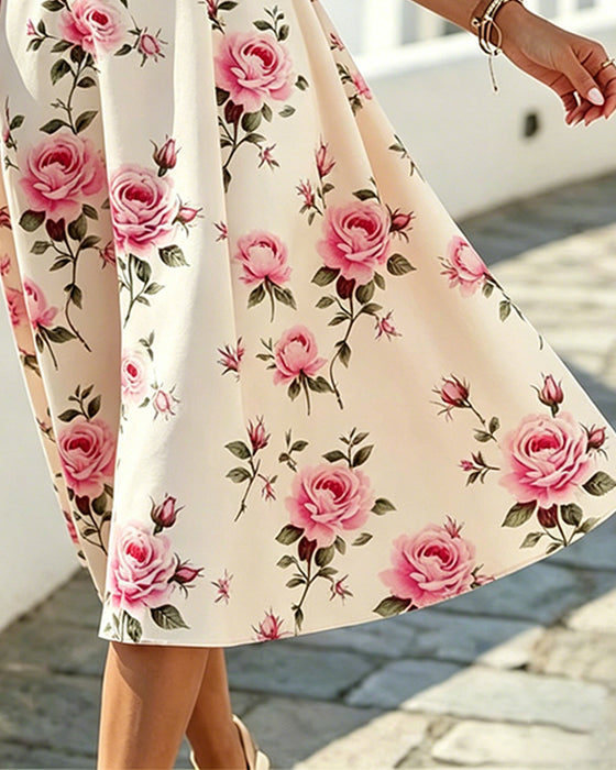 Floral V-Neck Sleeveless Waist A-Line Dress
