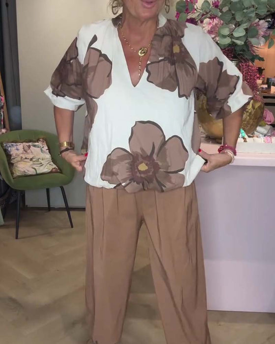 V-Neck Floral Mid-Length Sleeve Relaxed Blouse