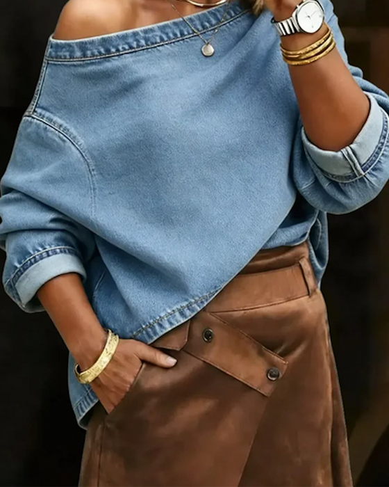Off-Shoulder Loose Denim Long Sleeve Top