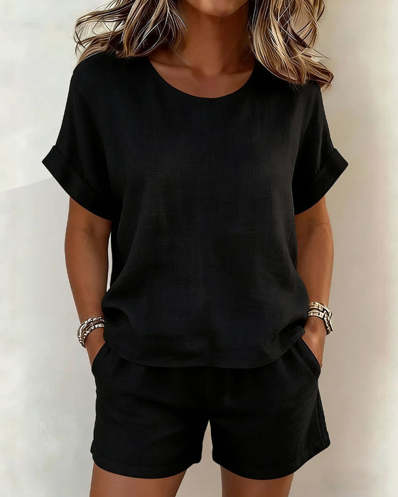 Solid Round Neck Short Sleeve Shorts Set