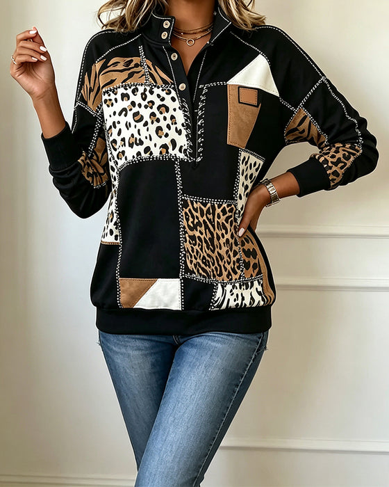 Leopard Patchwork Stand Collar Sweatshirt