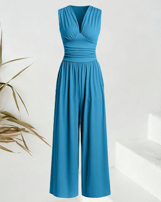 Solid Ribbed Sleeveless Jumpsuit