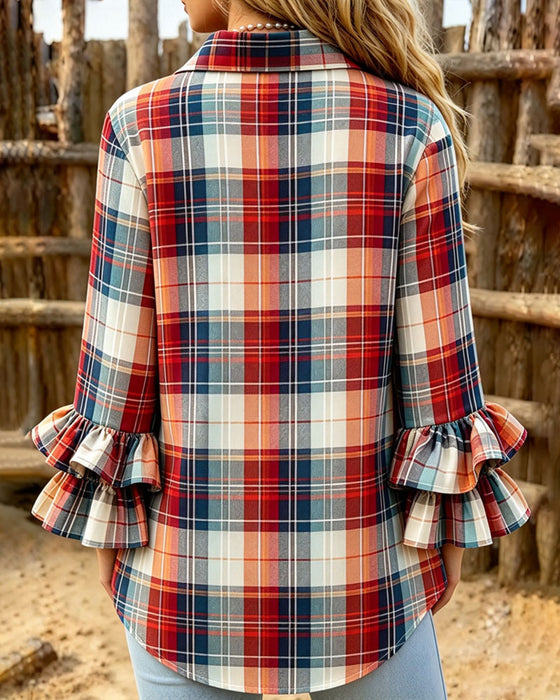 Lapel Button Plaid Ruffle Shirt