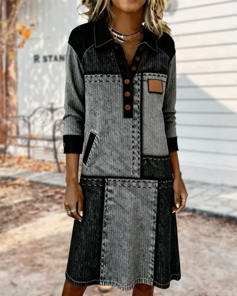Button Lapel V-Neck Color Block Fashion Dress