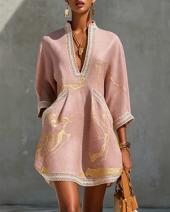 Stand Collar Hollow Half Sleeve Dress