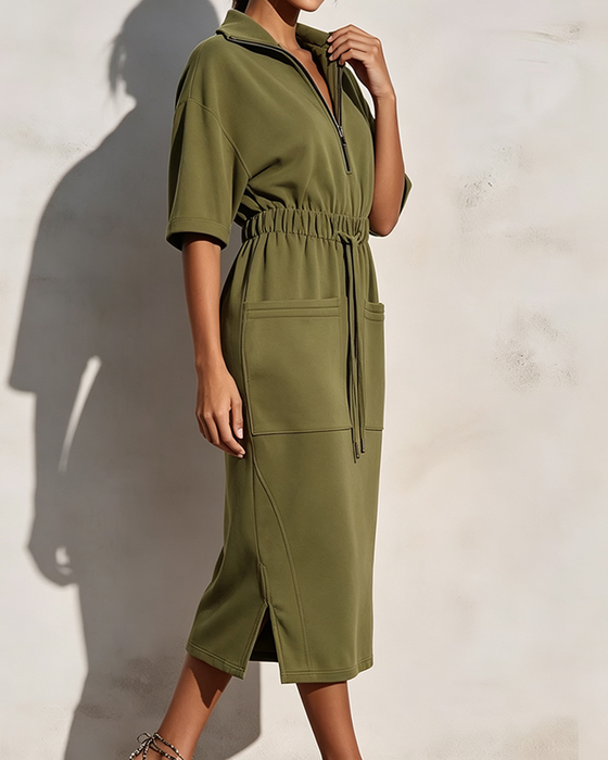 Zip Lapel Waist Pocket Dress