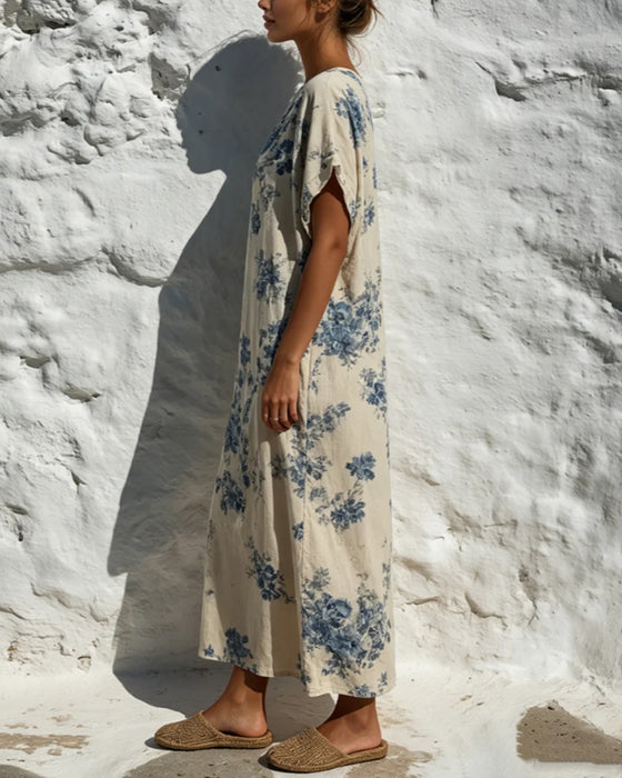 Crew Neck Vintage Blue Floral Dress