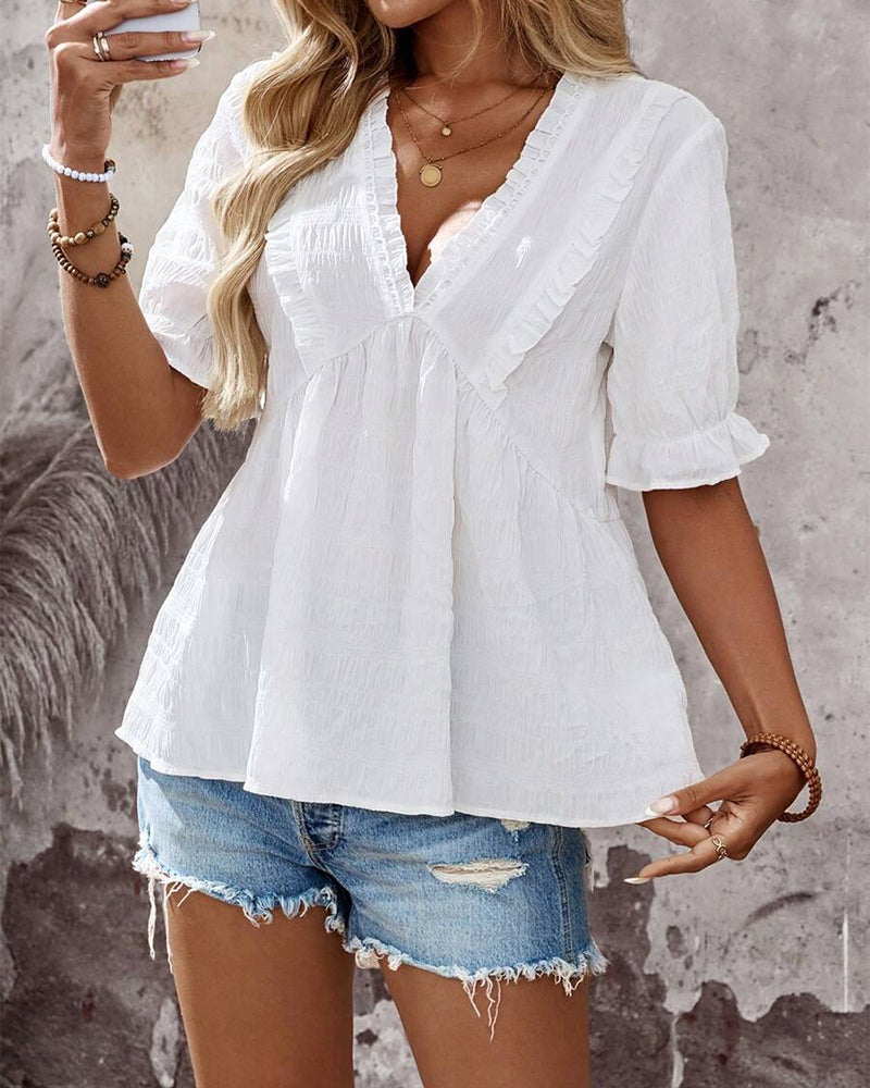 V-Neck Ruffle Solid Babydoll Blouse