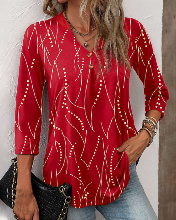 Elegant button print top with V neck
