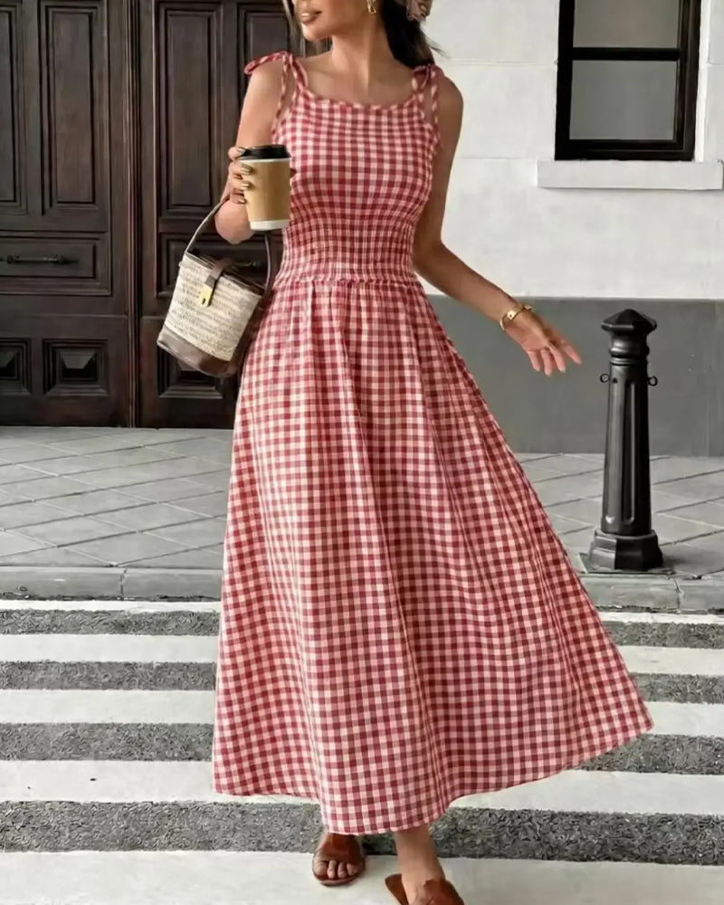 Lace-Up Plaid Suspender A-Line Dress