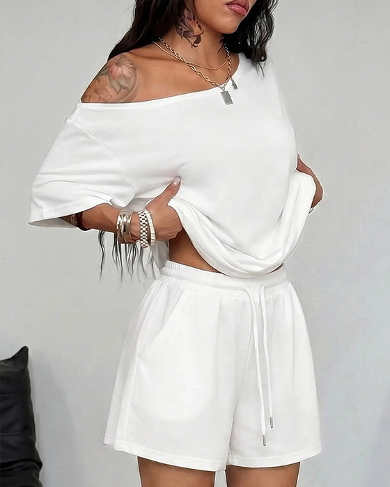 One-Shoulder Batwing Sleeve Loose Shorts Set