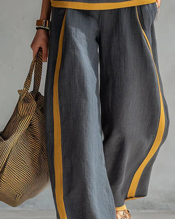 Sleeveless Casual Color-Blocked Two-Piece Set