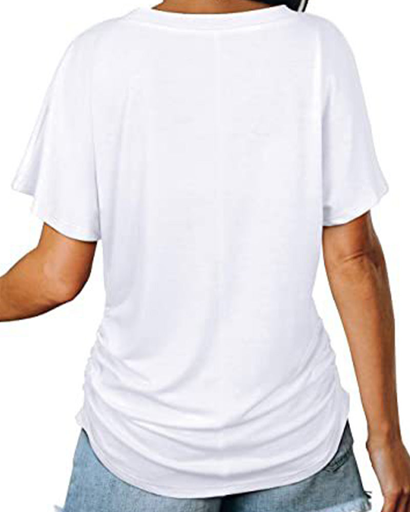 Pleated Solid Color V-Neck T-Shirt