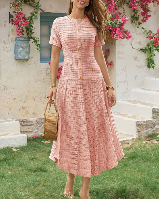 Crew Neck Slim Fit Button Patchwork Dress