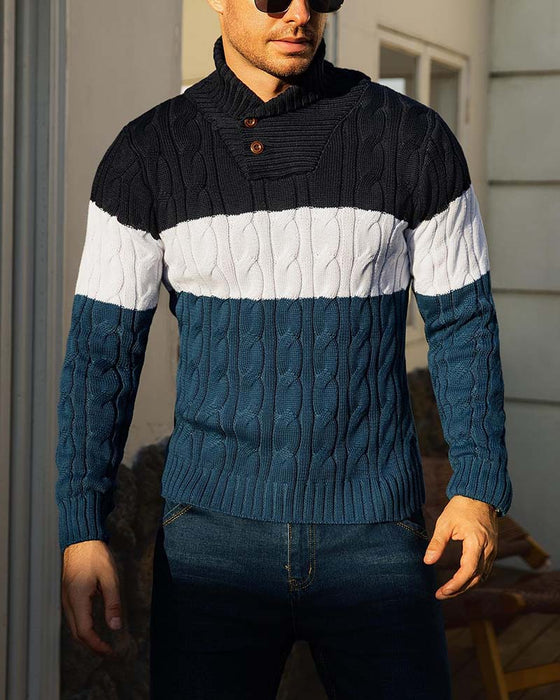 High Neck Button Contrast Men's Pullover