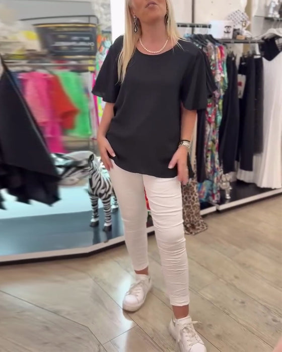 Round Neck Solid Color Blouse