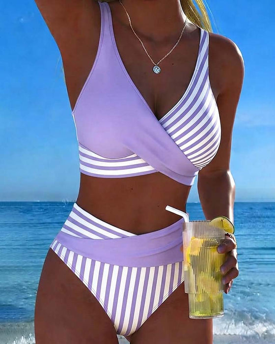 Crisscross Striped Print Bikini