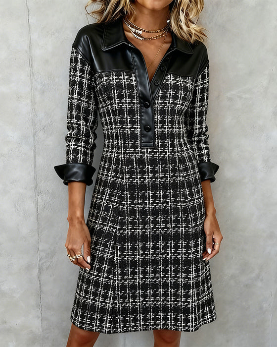 Long-Sleeved Patchwork Houndstooth Dress