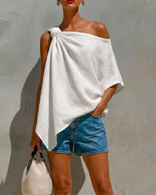 One-Shoulder Knot Asymmetric Blouse