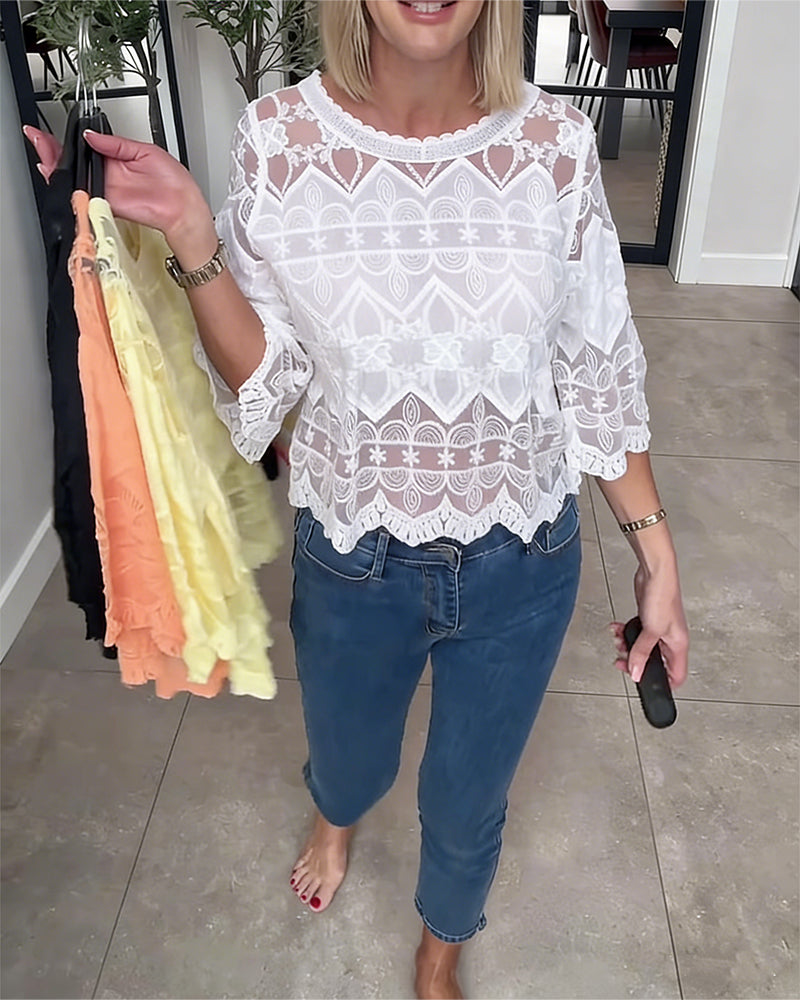 Sheer Mesh Lace Three-Quarter Sleeve Blouse