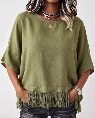 Crew Neck Fringe Elbow-Length Sleeve Solid Blouse