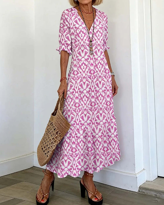 V-Neck Mid-Length Sleeve Ruffle A-Line Dress