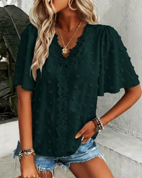 Spliced Jacquard Ruffle Sleeve Blouse