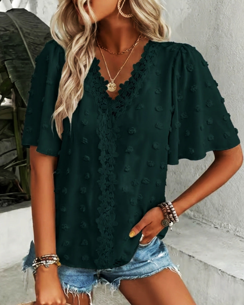 Spliced Jacquard Ruffle Sleeve Blouse