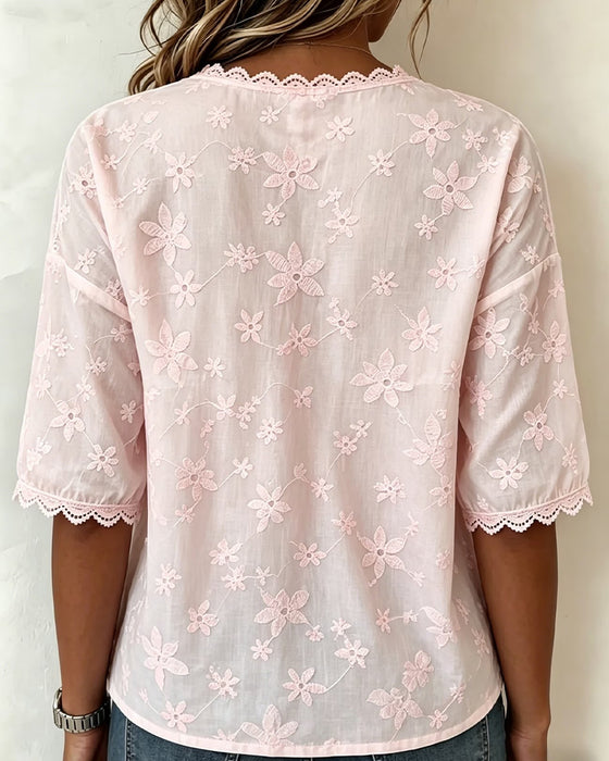 Three-Dimensional Flower V-Neck Half Sleeve Blouse